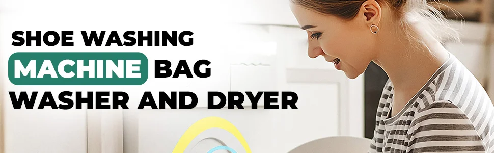 LunaXia Shoe washing machine bag beside a washer and dryer