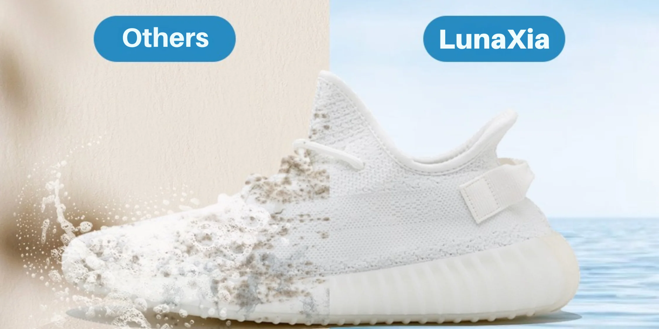 Comparison of a dirty shoe and a clean shoe protected with LunaXia
